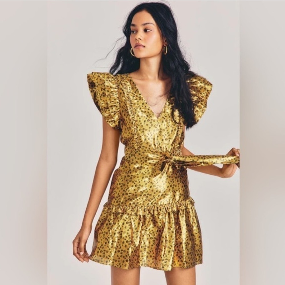 NWT LoveShackFancy Zoya Mini Dress Safari Metallic Ruffle Tie Waist Sz 4